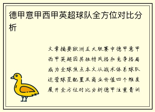 德甲意甲西甲英超球队全方位对比分析
